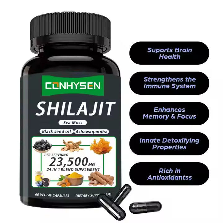 OEM হিমালয়ান শিলাজিত ক্যাপসুল ফুলভিক অ্যাসিড খনিজ সমুদ্র ময়দা অ্যাসিড প্রাকৃতিক মিশ্রণ শক্তি উন্নত করে