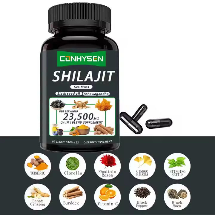 OEM হিমালয়ান শিলাজিত ক্যাপসুল ফুলভিক অ্যাসিড খনিজ সমুদ্র ময়দা অ্যাসিড প্রাকৃতিক মিশ্রণ শক্তি উন্নত করে