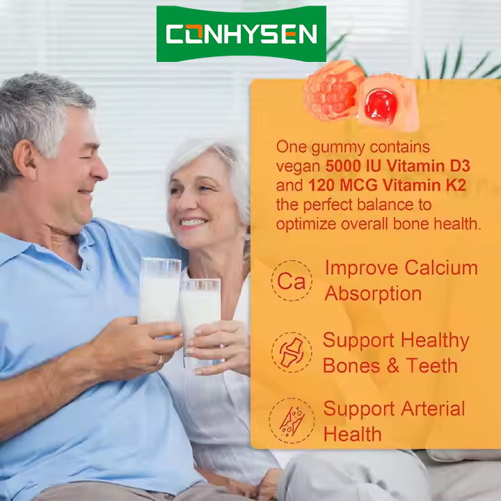 OEM ওডিএম কমপ্লেক্স ভিটামিন ডি 3 + কে 2 প্রাপ্তবয়স্কদের জন্য শর্করা মুক্ত গাম্মিজ ইমিউন সমর্থন গাম্মিজ